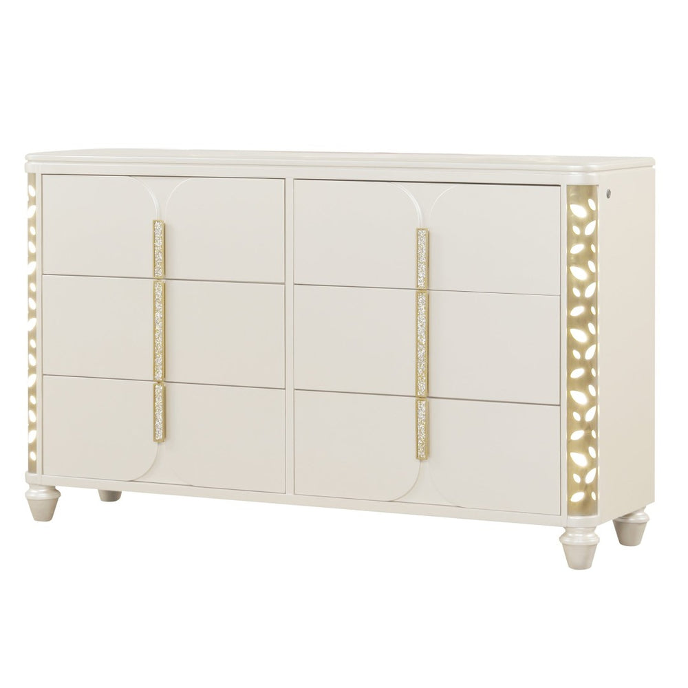 English Elm Cinderella Six Drawer Beige Wood Dresser with Led Ambient Glow for Bedroom Storage B009P385187