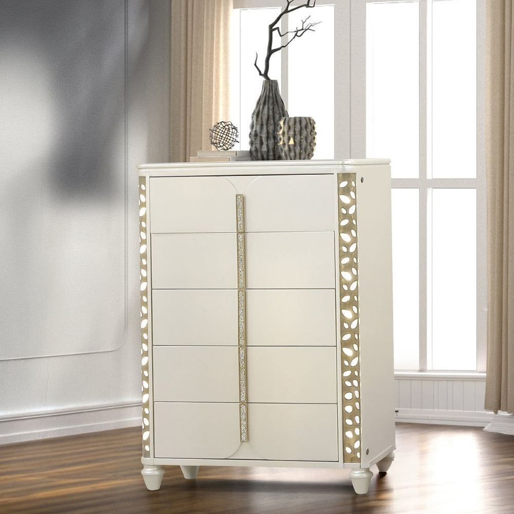 English Elm Cinderella Beige Wood Five Drawer Tall Chest with Gold Led Perforated Side Panels B009P385190