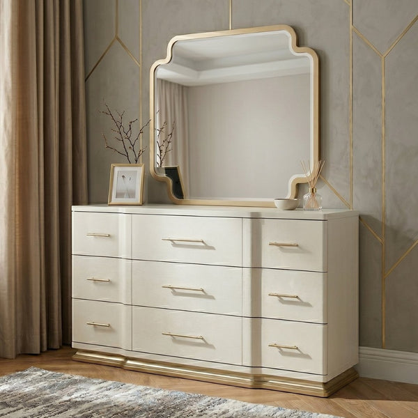 English Elm Lexington Nine Drawer Wide Ivory Dresser with Gold Hardware and Curved Glam Fronts B009P450611