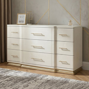 English Elm Lexington Nine Drawer Wide Ivory Dresser with Gold Hardware and Curved Glam Fronts B009P450611