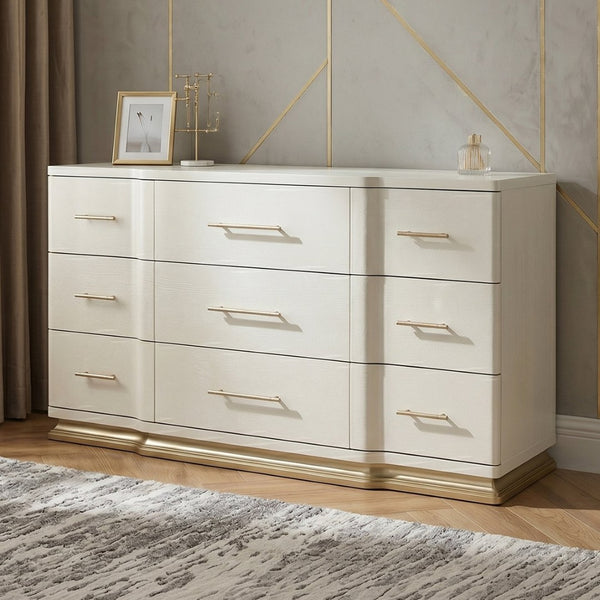 English Elm Lexington Nine Drawer Wide Ivory Dresser with Gold Hardware and Curved Glam Fronts B009P450611