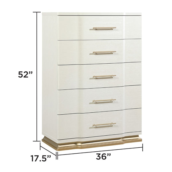 English Elm Lexington Five Drawer Tall Chest Ivory Gloss Curved Fronts Gold Trim Bedroom Storage B009P450614