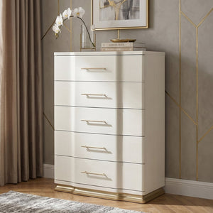 English Elm Lexington Five Drawer Tall Chest Ivory Gloss Curved Fronts Gold Trim Bedroom Storage B009P450614