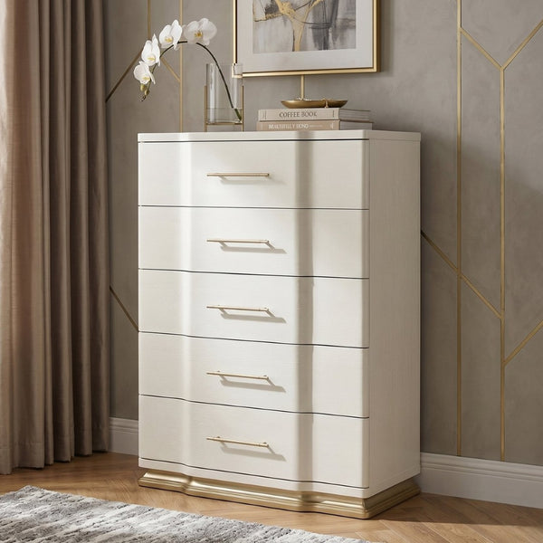 English Elm Lexington Five Drawer Tall Chest Ivory Gloss Curved Fronts Gold Trim Bedroom Storage B009P450614
