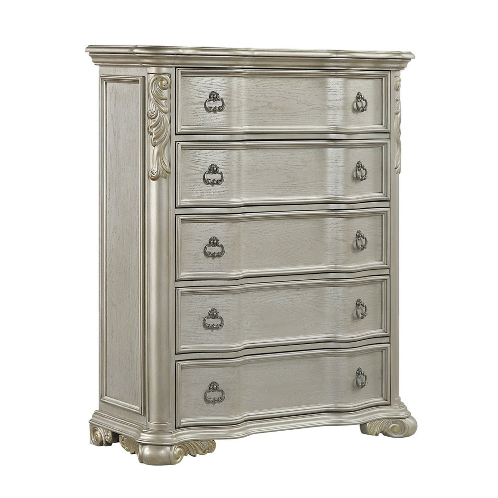 English Elm Bella Five Drawer Chest with Genuine Marble Top and Ornate Carved Wood in Champagne B009P451402