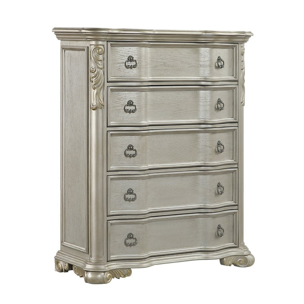 English Elm Bella Five Drawer Chest with Genuine Marble Top and Ornate Carved Wood in Champagne B009P451402