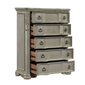English Elm Bella Five Drawer Chest with Genuine Marble Top and Ornate Carved Wood in Champagne B009P451402