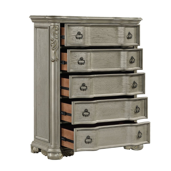 English Elm Bella Five Drawer Chest with Genuine Marble Top and Ornate Carved Wood in Champagne B009P451402