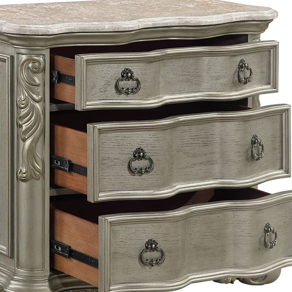 English Elm Bella Three Drawer Nightstand with Genuine Marble Top in Champagne Lacquer Finish B009P451403