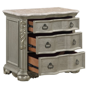 English Elm Bella Three Drawer Nightstand with Genuine Marble Top in Champagne Lacquer Finish B009P451403
