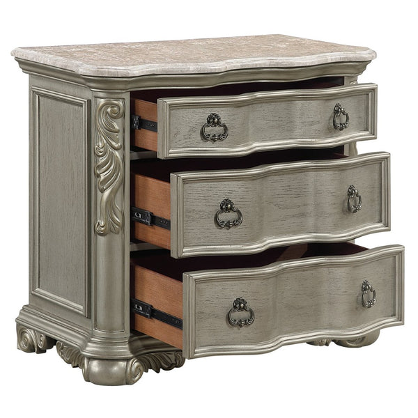 English Elm Bella Three Drawer Nightstand with Genuine Marble Top in Champagne Lacquer Finish B009P451403