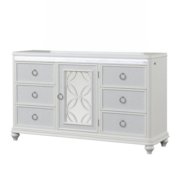English Elm Abigale White Lacquer Six Drawer Dresser with Led Lighting and Velvet Lined Storage B009P453761