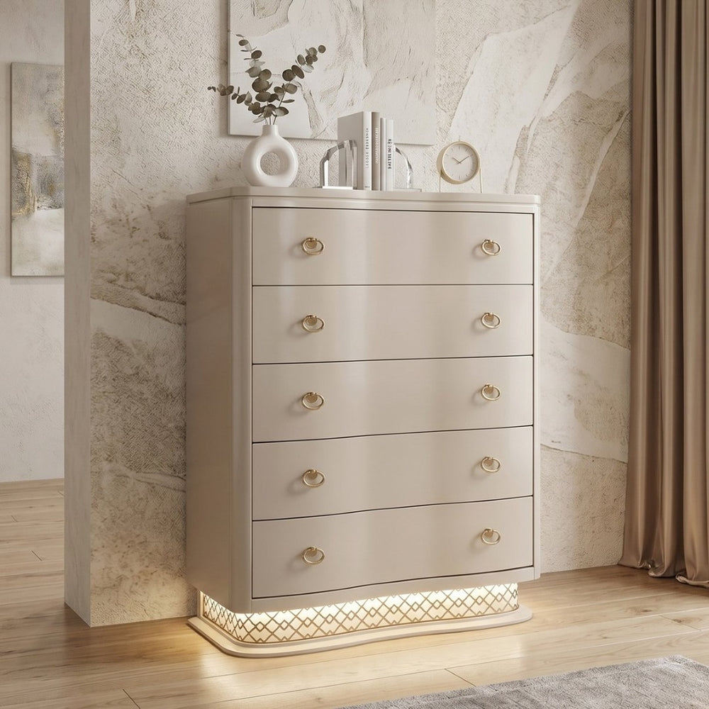 English Elm Flora Five Drawer Chest with Curved Fronts Gold Hardware and Led Base Lighting B009P465739