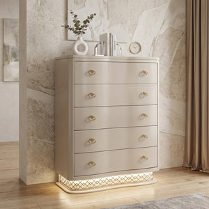 English Elm Flora Five Drawer Chest with Curved Fronts Gold Hardware and Led Base Lighting B009P465739