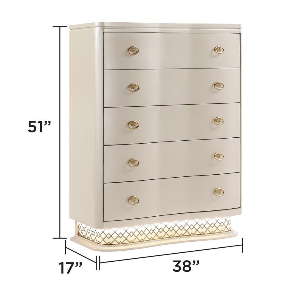 English Elm Flora Five Drawer Chest with Curved Fronts Gold Hardware and Led Base Lighting B009P465739