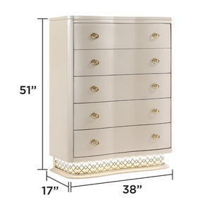 English Elm Flora Five Drawer Chest with Curved Fronts Gold Hardware and Led Base Lighting B009P465739