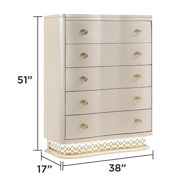 English Elm Flora Five Drawer Chest with Curved Fronts Gold Hardware and Led Base Lighting B009P465739
