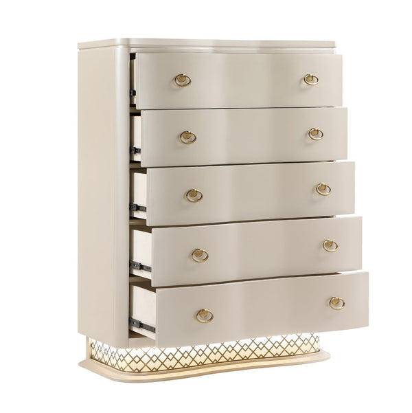 English Elm Flora Five Drawer Chest with Curved Fronts Gold Hardware and Led Base Lighting B009P465739