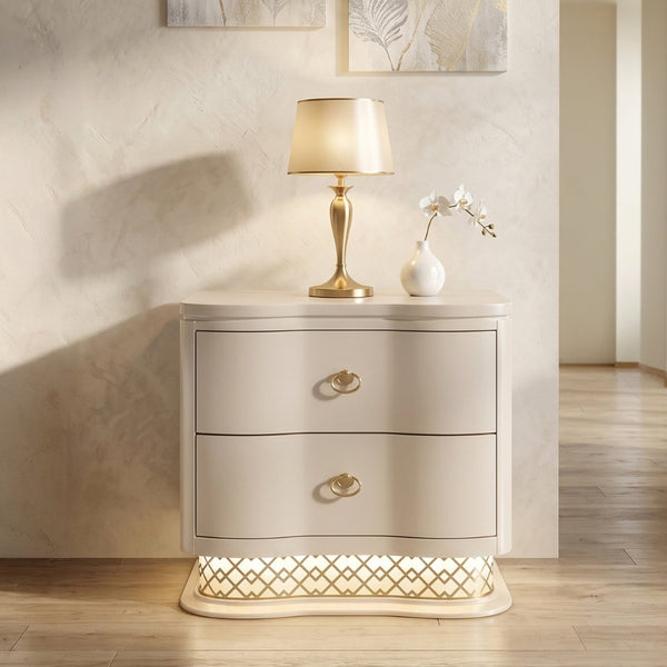 English Elm Flora Glam Nightstand with Led Base Lighting Gold Hardware and Curved Champagne Drawers B009P465741