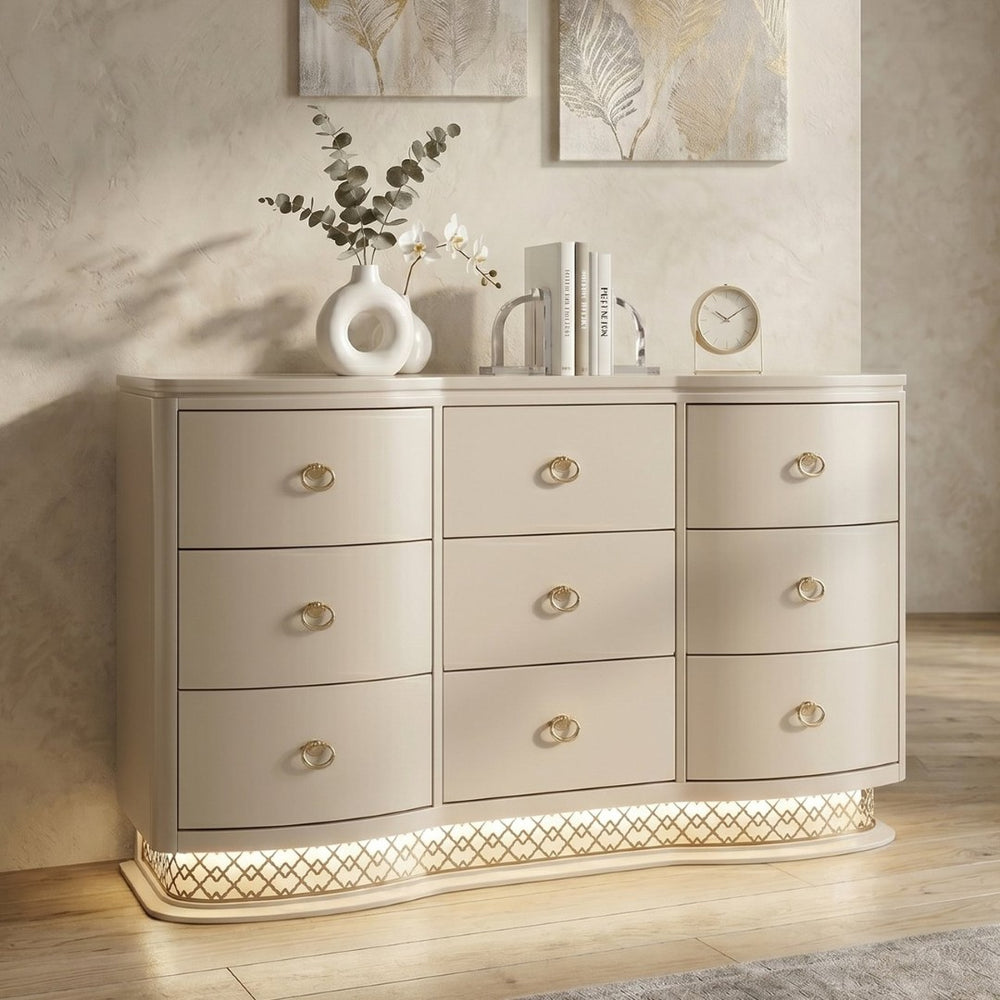 English Elm Flora Nine Drawer Dresser with Curved Champagne Front Led Base and Gold Ring Pulls B009P465742