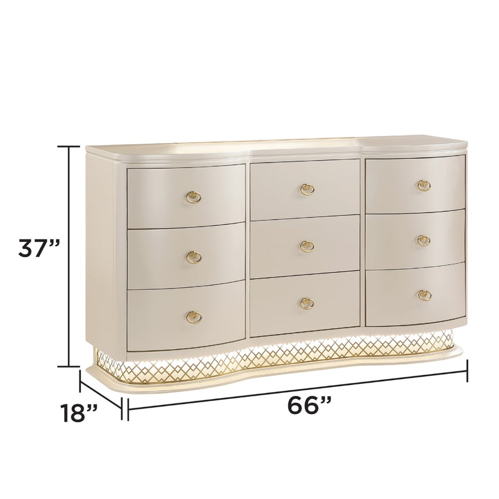 English Elm Flora Nine Drawer Dresser with Curved Champagne Front Led Base and Gold Ring Pulls B009P465742