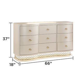 English Elm Flora Nine Drawer Dresser with Curved Champagne Front Led Base and Gold Ring Pulls B009P465742