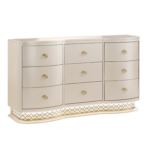 English Elm Flora Nine Drawer Dresser with Curved Champagne Front Led Base and Gold Ring Pulls B009P465742