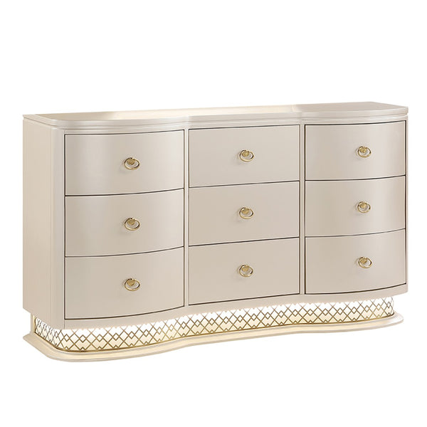 English Elm Flora Nine Drawer Dresser with Curved Champagne Front Led Base and Gold Ring Pulls B009P465742