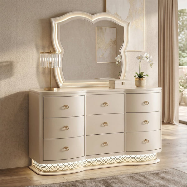 English Elm Flora Nine Drawer Dresser with Curved Champagne Front Led Base and Gold Ring Pulls B009P465742