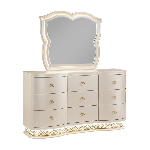 English Elm Flora Nine Drawer Dresser with Curved Champagne Front Led Base and Gold Ring Pulls B009P465742