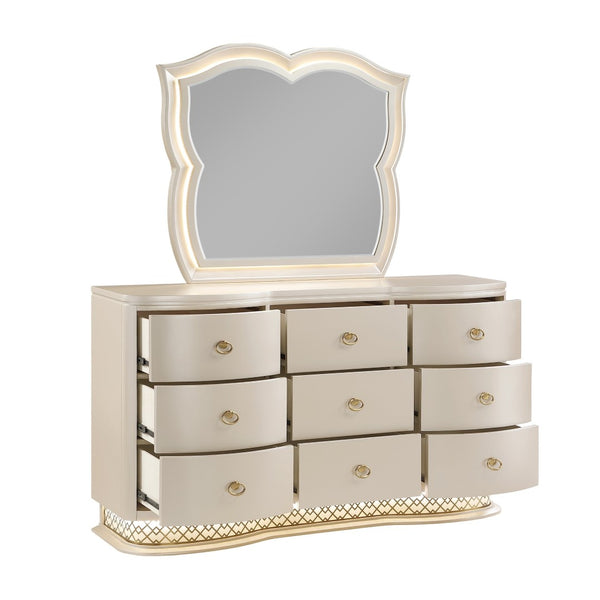 English Elm Flora Nine Drawer Dresser with Curved Champagne Front Led Base and Gold Ring Pulls B009P465742
