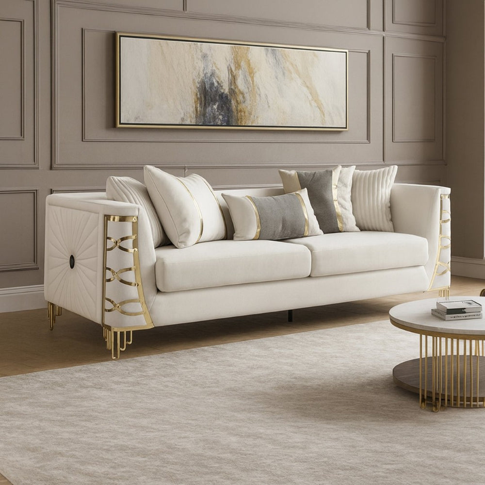 English Elm Contessa Glam Gray Fabric Accent Chair with Gold Frame and Channel Tufted Panels Beige B009P466435