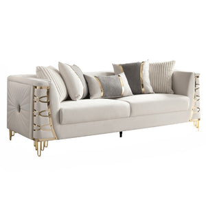 English Elm Contessa Glam Gray Fabric Accent Chair with Gold Frame and Channel Tufted Panels Beige B009P466435