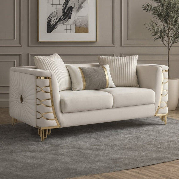 English Elm Contessa Glam Beige Fabric Loveseat with Gold Accents and High Density Foam Seating B009P466437