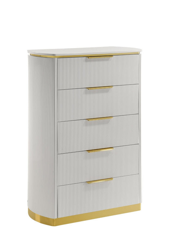 English Elm Giovanni Five Drawer Tall Chest White Lacquer Finish with Gold Base Textured Fronts B009P466460