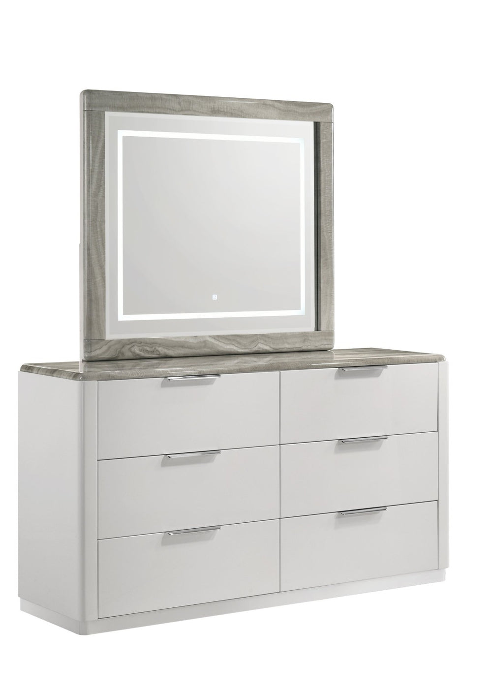 English Elm Jazz Six Drawer Dresser with Marble Grain Top Chrome Pulls and Glossy White Lacquer B009P466466