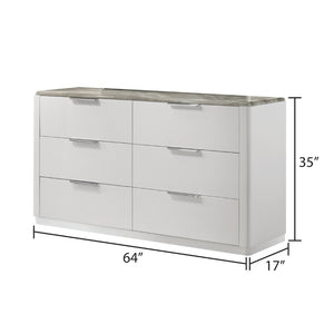 English Elm Jazz Six Drawer Dresser with Marble Grain Top Chrome Pulls and Glossy White Lacquer B009P466466