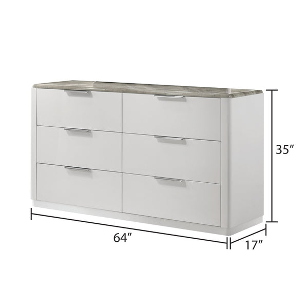 English Elm Jazz Six Drawer Dresser with Marble Grain Top Chrome Pulls and Glossy White Lacquer B009P466466