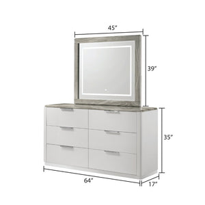 English Elm Jazz Six Drawer Dresser with Marble Grain Top Chrome Pulls and Glossy White Lacquer B009P466466