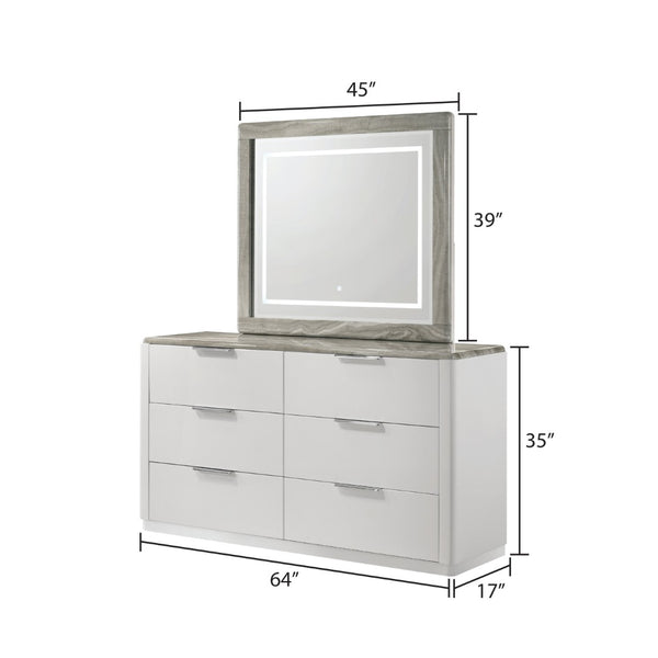 English Elm Jazz Six Drawer Dresser with Marble Grain Top Chrome Pulls and Glossy White Lacquer B009P466466