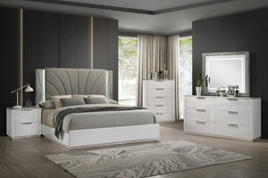 English Elm Jazz Six Drawer Dresser with Marble Grain Top Chrome Pulls and Glossy White Lacquer B009P466466