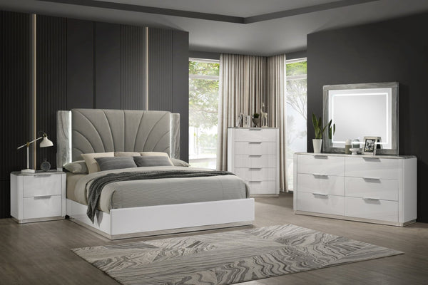 English Elm Jazz Six Drawer Dresser with Marble Grain Top Chrome Pulls and Glossy White Lacquer B009P466466