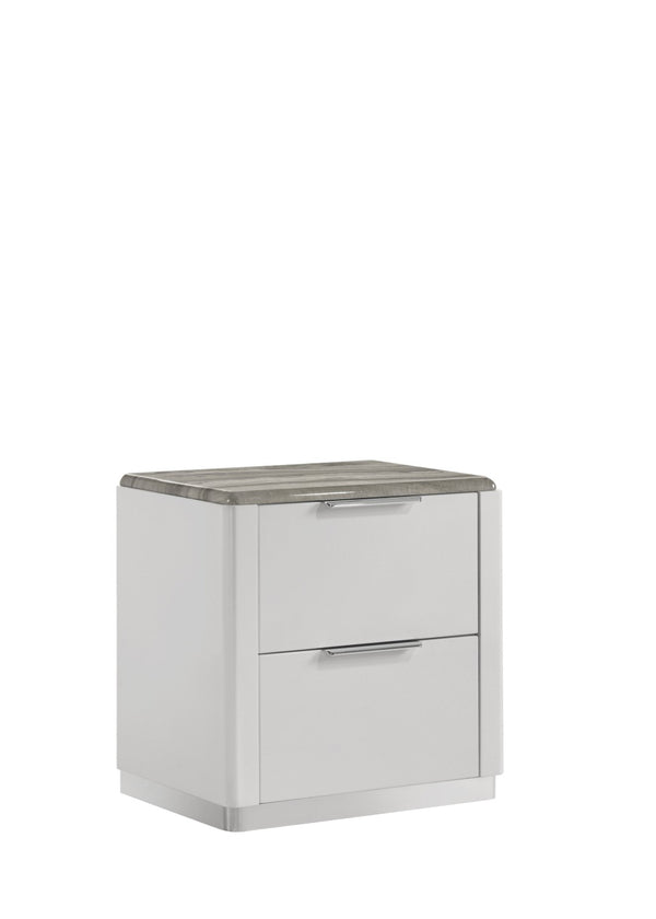 English Elm Jazz Two Drawer Nightstand Glossy White Lacquer Marble Grain Top Chrome Pulls Modern B009P466468