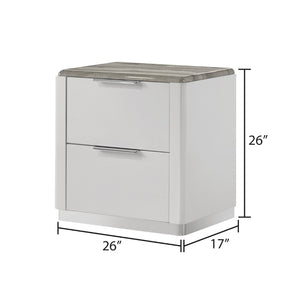 English Elm Jazz Two Drawer Nightstand Glossy White Lacquer Marble Grain Top Chrome Pulls Modern B009P466468