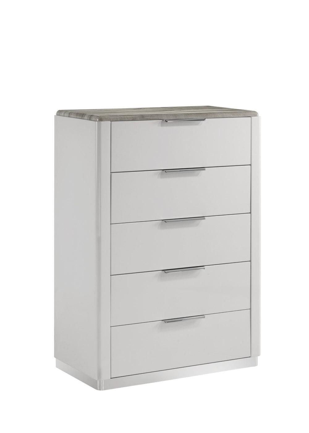 English Elm Jazz 5 Drawer Chest White Lacquer Body with Marble Grain Top and Chrome Pulls B009P466469