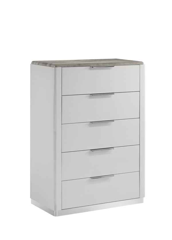 English Elm Jazz 5 Drawer Chest White Lacquer Body with Marble Grain Top and Chrome Pulls B009P466469