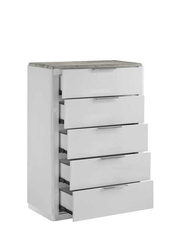 English Elm Jazz 5 Drawer Chest White Lacquer Body with Marble Grain Top and Chrome Pulls B009P466469