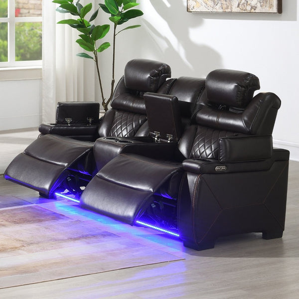 English Elm Lexus Power Reclining Loveseat with Led Lighting Air Leather Home Theater Seating Brown B009P471687