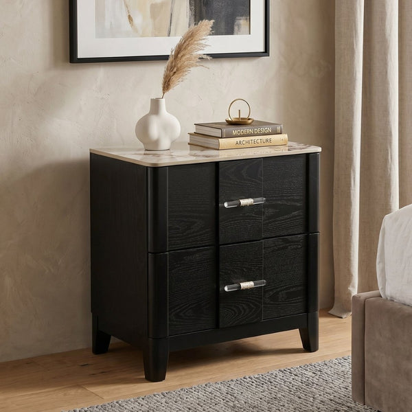 English Elm Opel Modern Nightstand Sintered Stone Top Velvet Lined Drawer Acrylic Pulls B009P473969