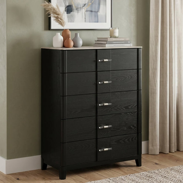 English Elm Opel Five Drawer Chest Sintered Stone Top Acrylic Pulls Contemporary Bedroom Storage B009P473970
